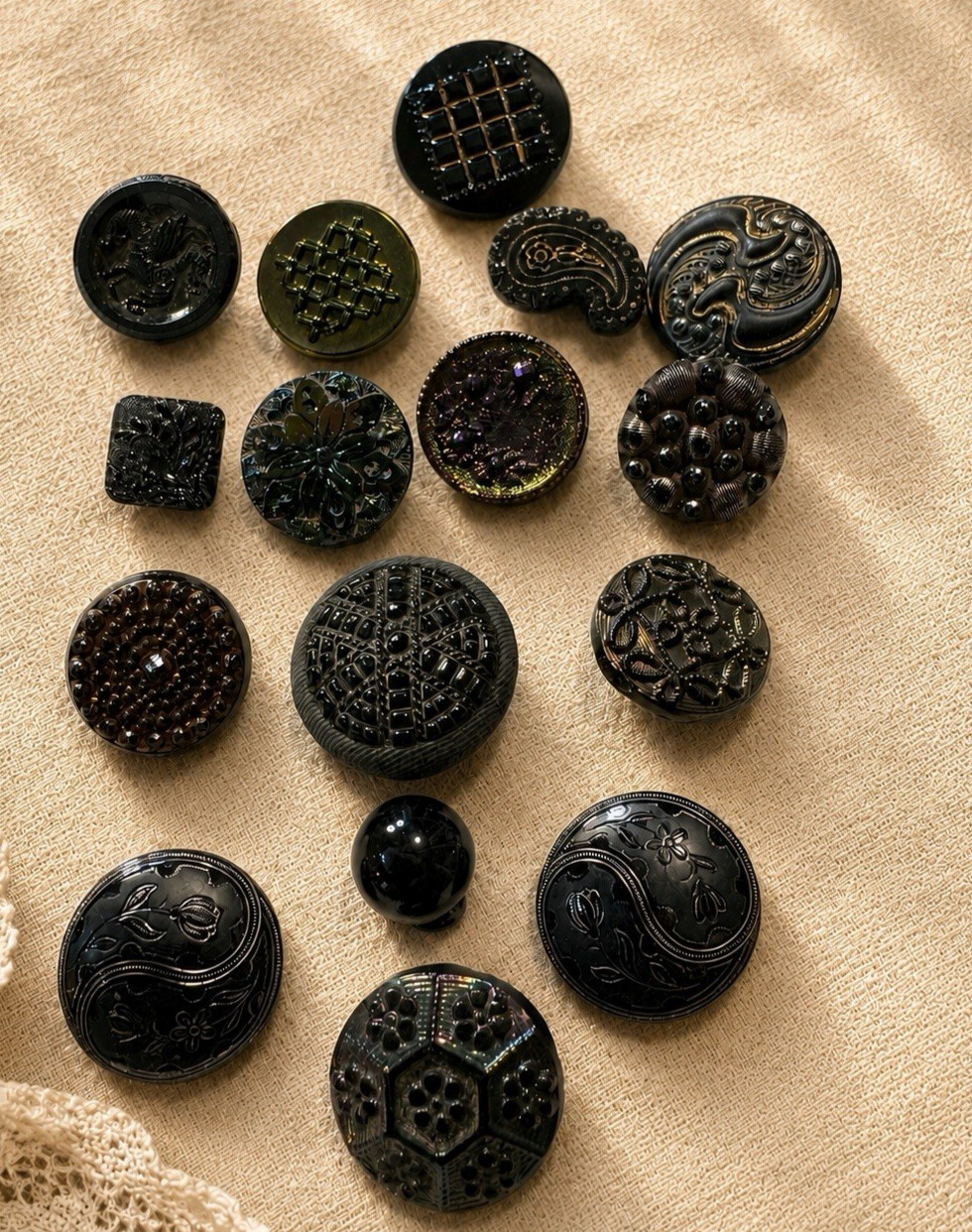 Mixed Lot of Antique & Vintage Black Glass Buttons Dragon Luster Incised