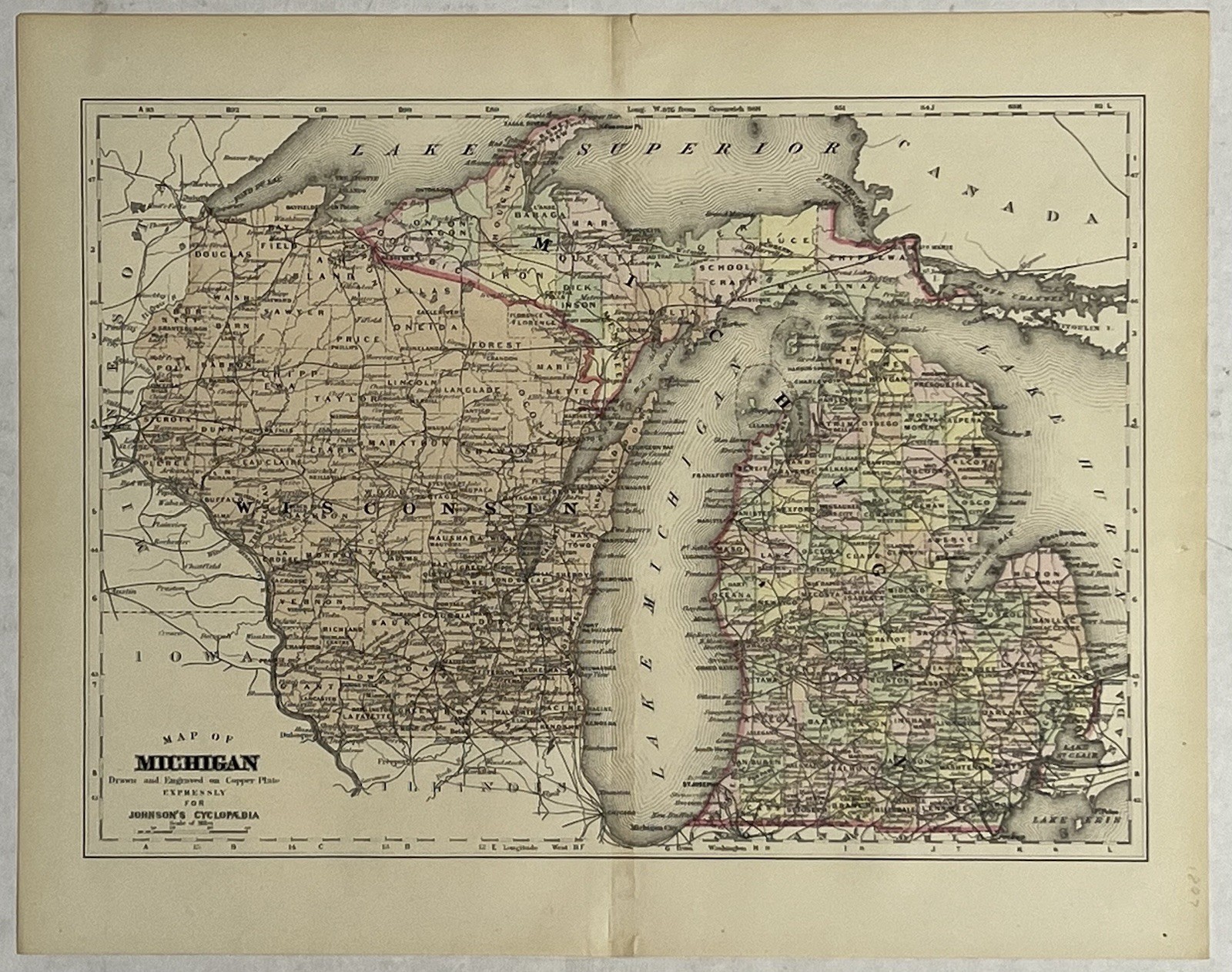 Original 1897 Michigan County Map,Wisconsin,Vintage,Old,Bay,Johnson’s Cyclopedia