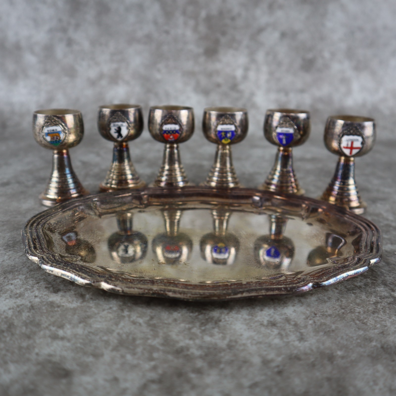 Vintage European Travel Souvenirs Set of 6 Chalices Cups w/ Tray Berlin Paris