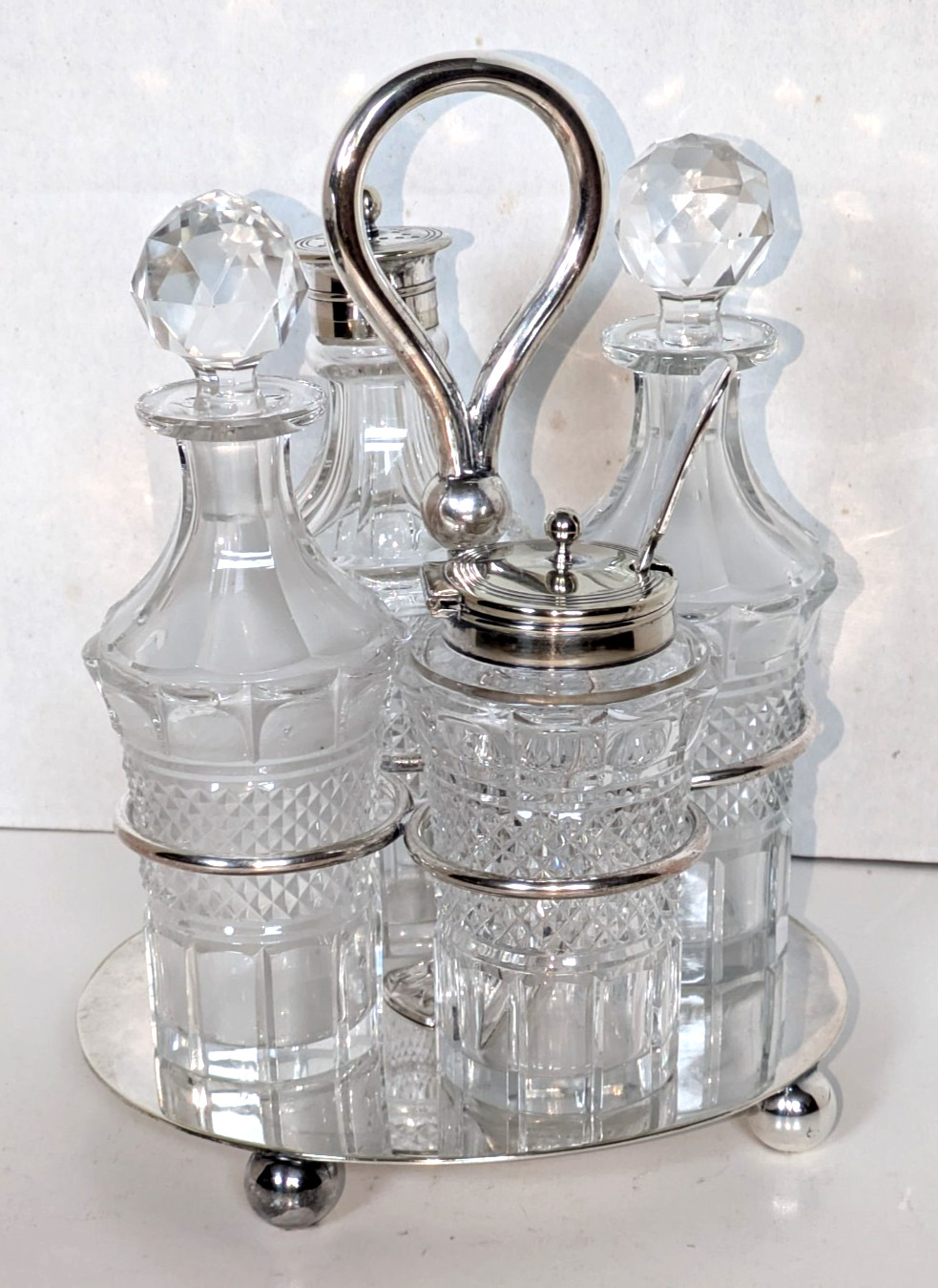 Vintage Silver Plate Cut Glass Cruet Set ~ Marked “JD &S”