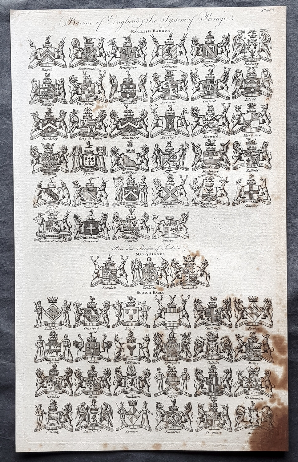 1798 William Henry Hall Antique Heraldry Print British Barons, Marquise & Earls