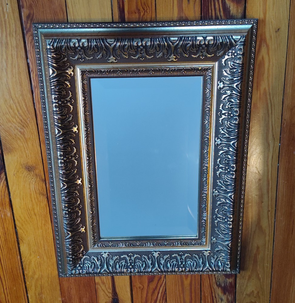 Vintage Beveled Mirror in Gold Ornate Frame- Carved Leaf Design ~12.75″ x 16.75″