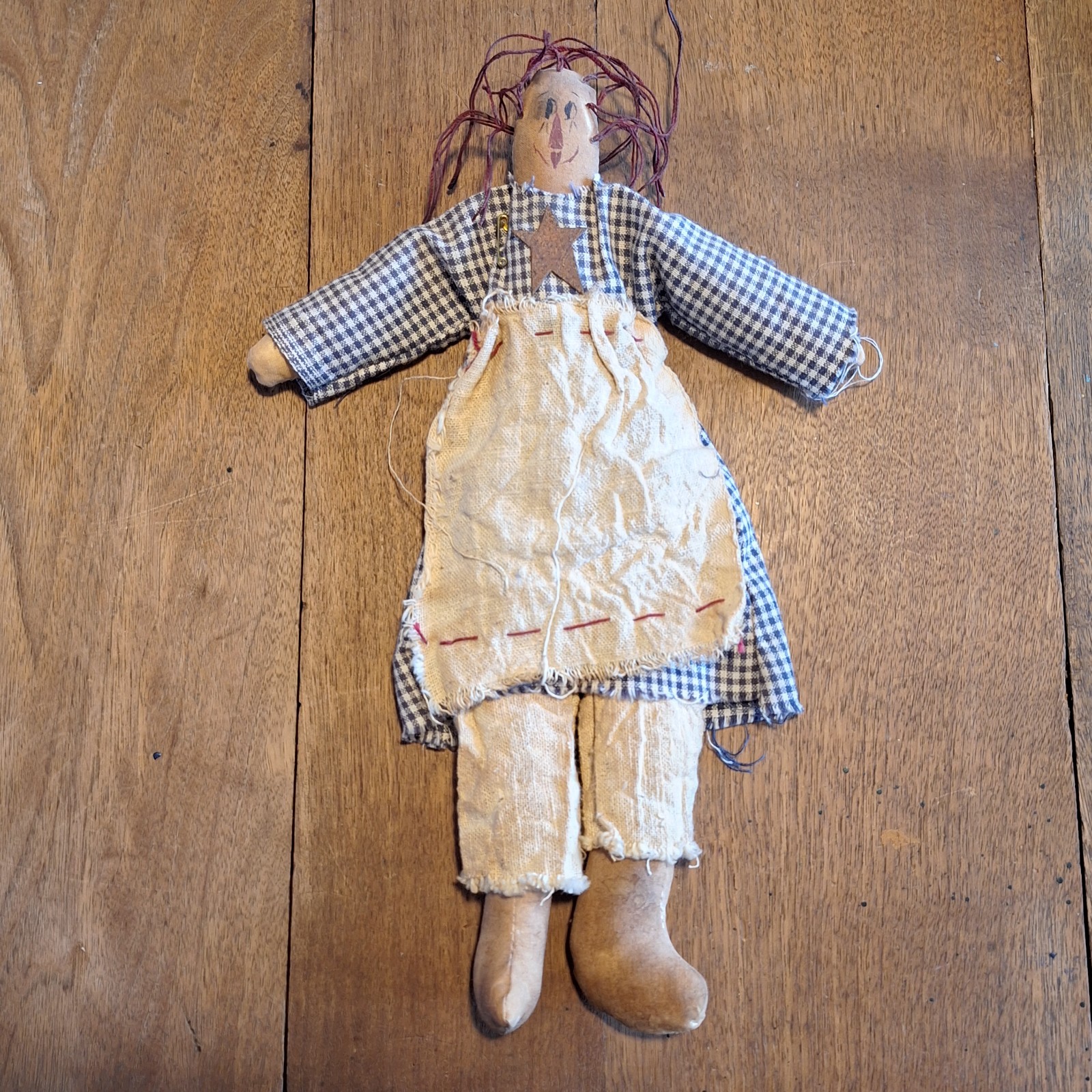 Country Primitive Grungy Raggedy Ann Doll Handmade Coarse Spaghetti Hair 12″