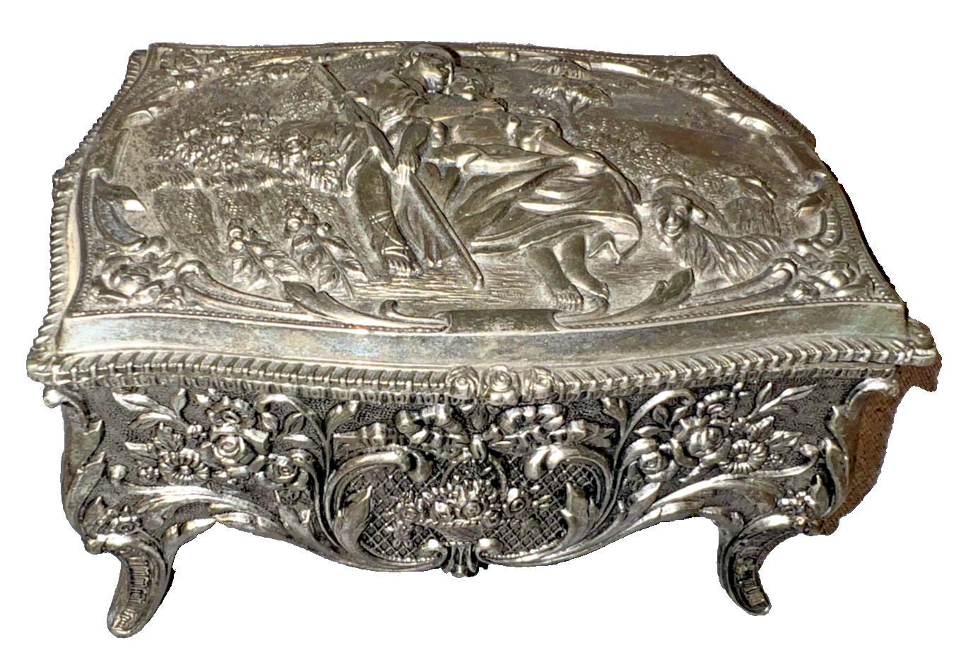 VTG MCM 50s 60s Japan Silver Plated Repousse Jewelry Trinket Box Romantic Scene