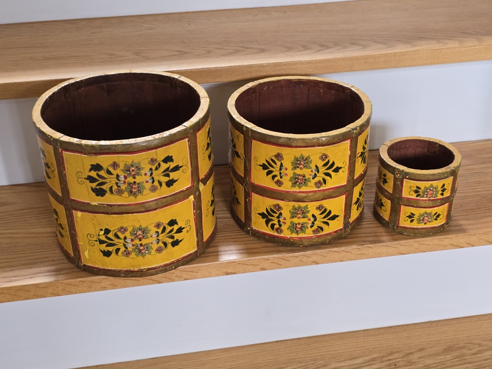 Antique Hand painted Wooden Bucket Stave Planter Folk Art 9″×8″ | 3 Wood Nesting