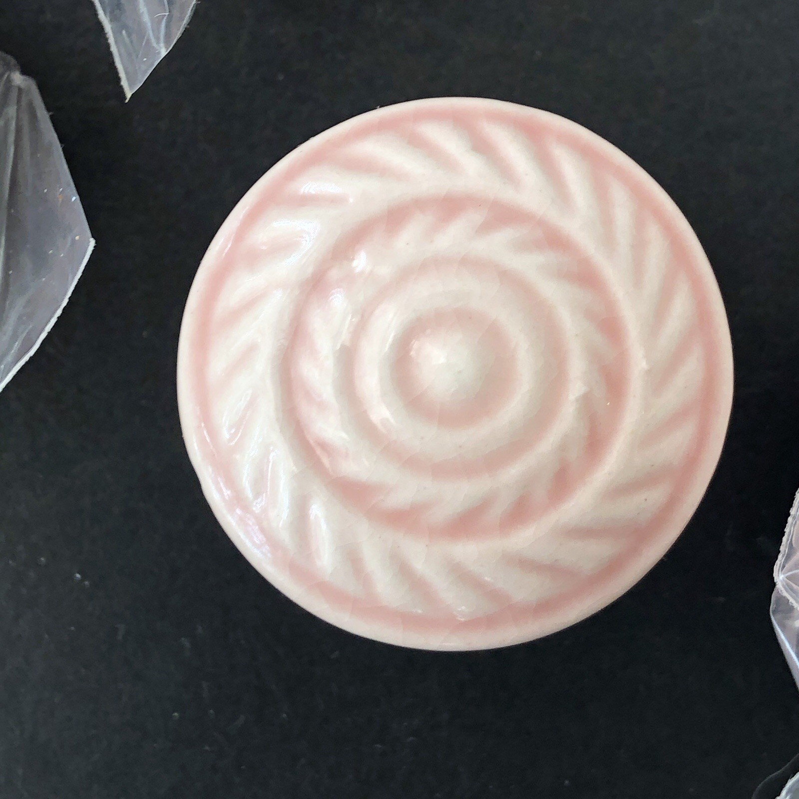 18 Vintage PINK MAJOLICA Round Drawer, Cabinet, Bureau, Porcelain Pulls