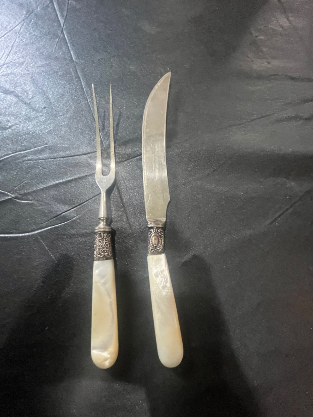 Connecticut Plate Co. carving Knife & Fork Set sterling mother of pearls Handle.