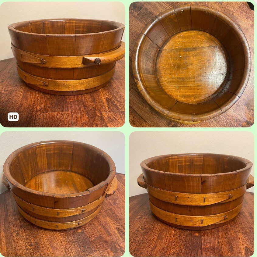 Antique Primitive Staved Wood Sugar Bucket Firkin Tub Pantry Box Bowl Handles
