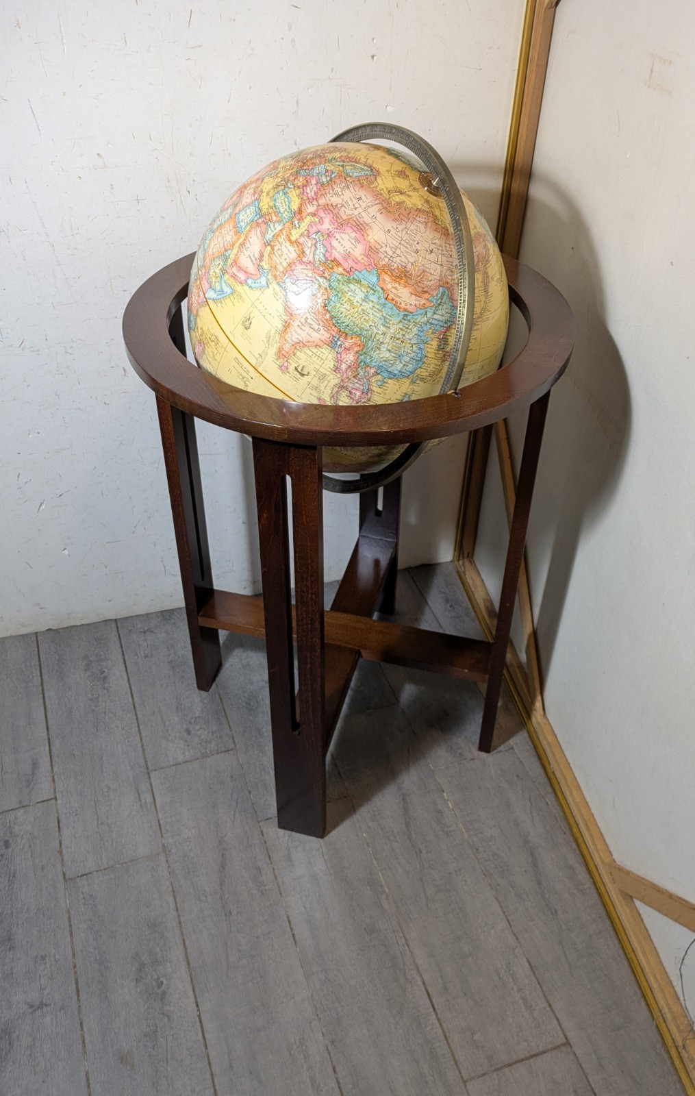 Replogle 16″ World Globe Floor Stand Cherry Wood Mission Base USA Brass 2000s