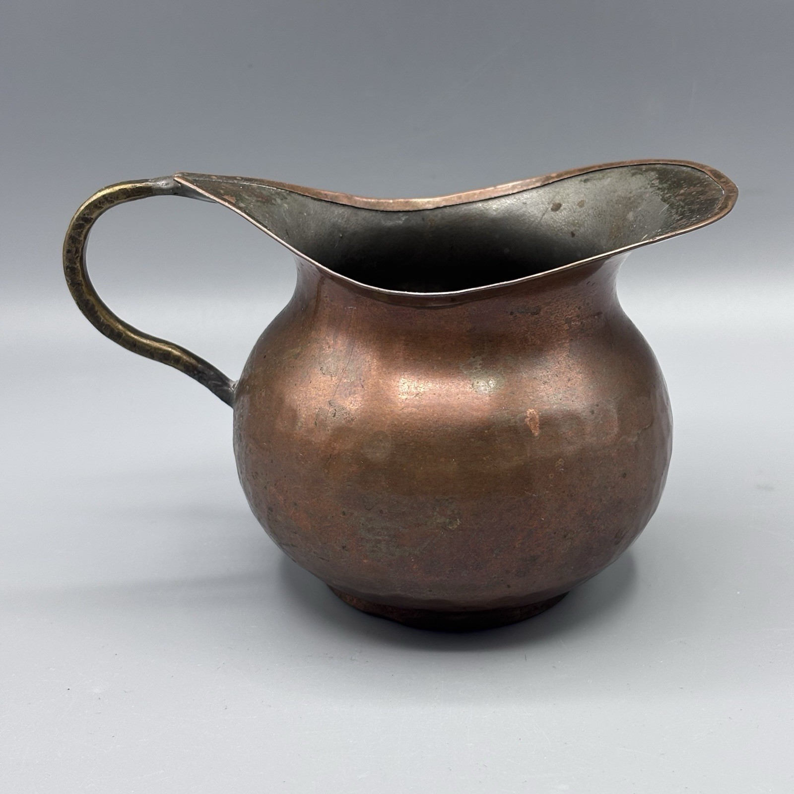 Antique Mini Hammered Copper Pitcher with Thin Handle Patina 3.75 By 6”