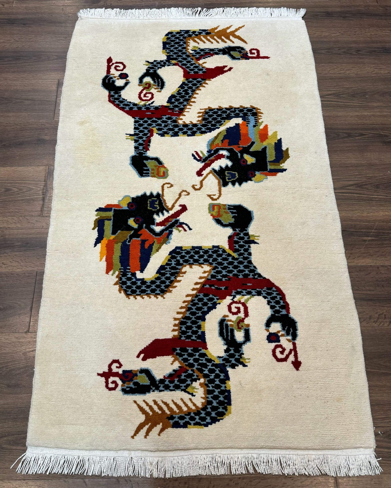 Chinese Double Dragon Rug 3×5 – Ivory, Hand-Knotted Wool Vintage