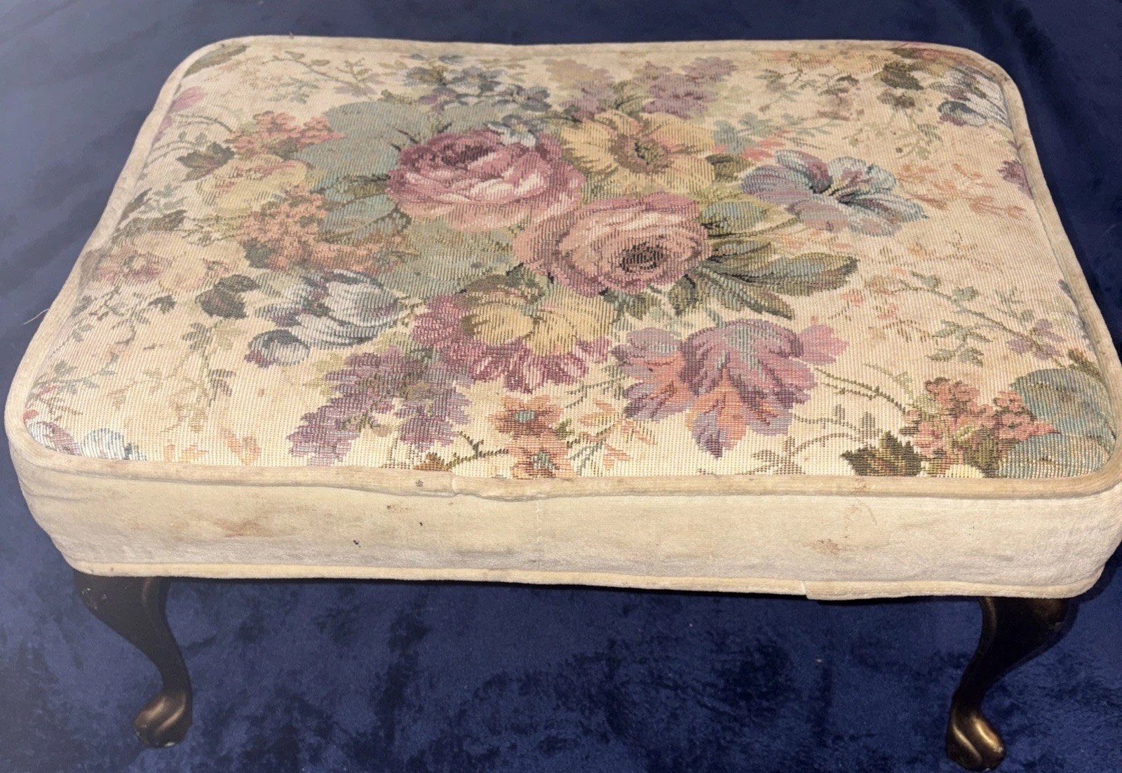 Vintage Foot Stool Ottoman Floral Tapestry Seat Brass Feet/legs