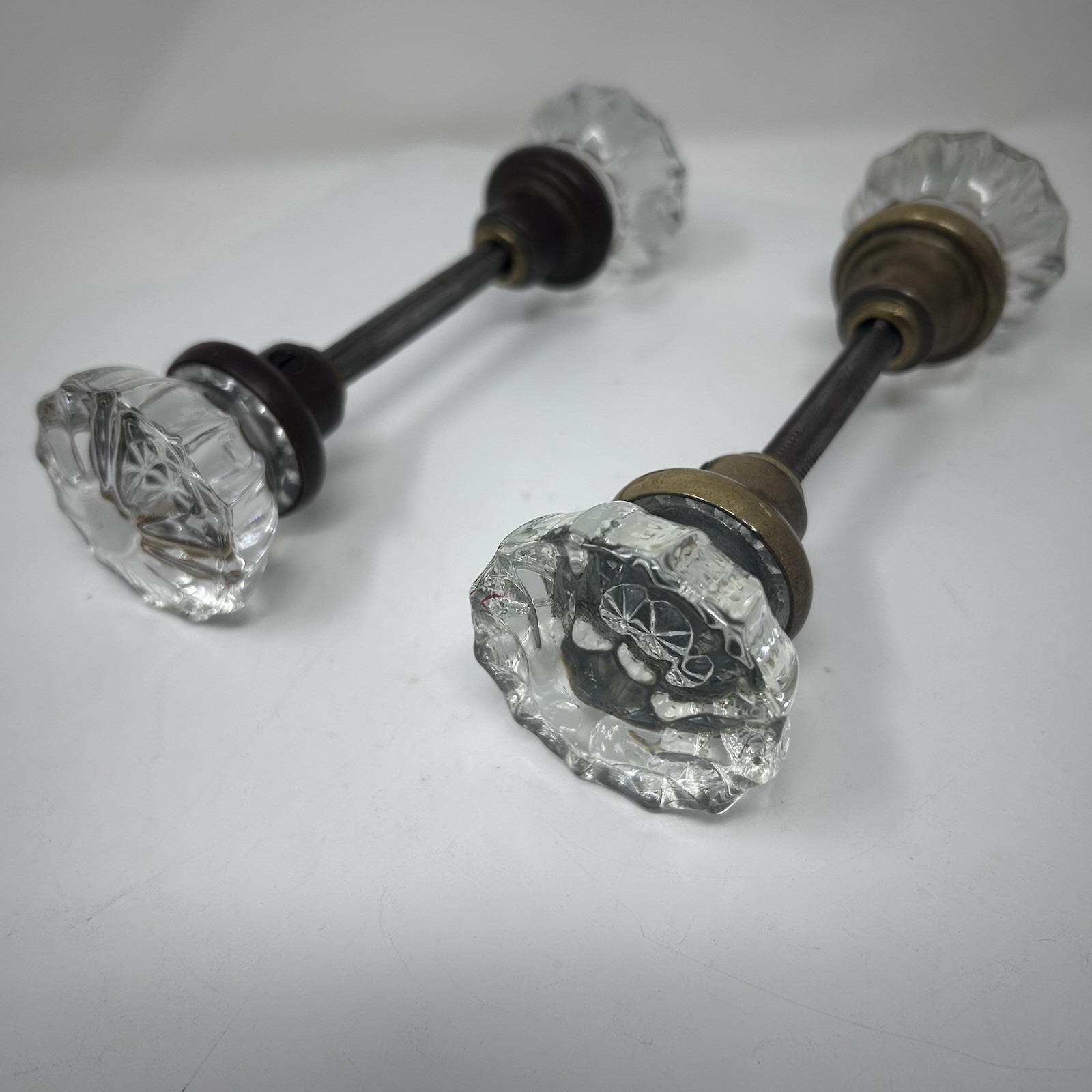 2 Vintage Glass Crystal Door Knobs With Spindle Hardware 12 Point Brass /Bronze