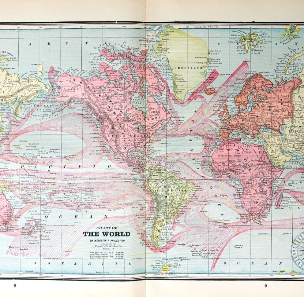 1895 World Map Ocean Currents Mariners Compass Victorian Geography DWYY10D