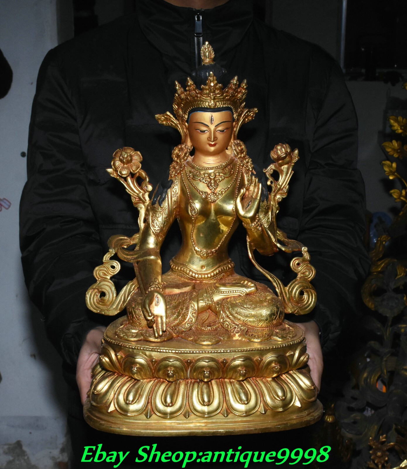 18.1” Old Nepal Purple Bronze Gold 7 Eyes White Tara Mahayana Buddha Statue