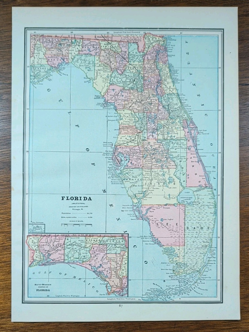 Vintage 1889 FLORIDA Map 11″x14″ Old Antique Original KEY WEST CAPE CANAVERAL FL