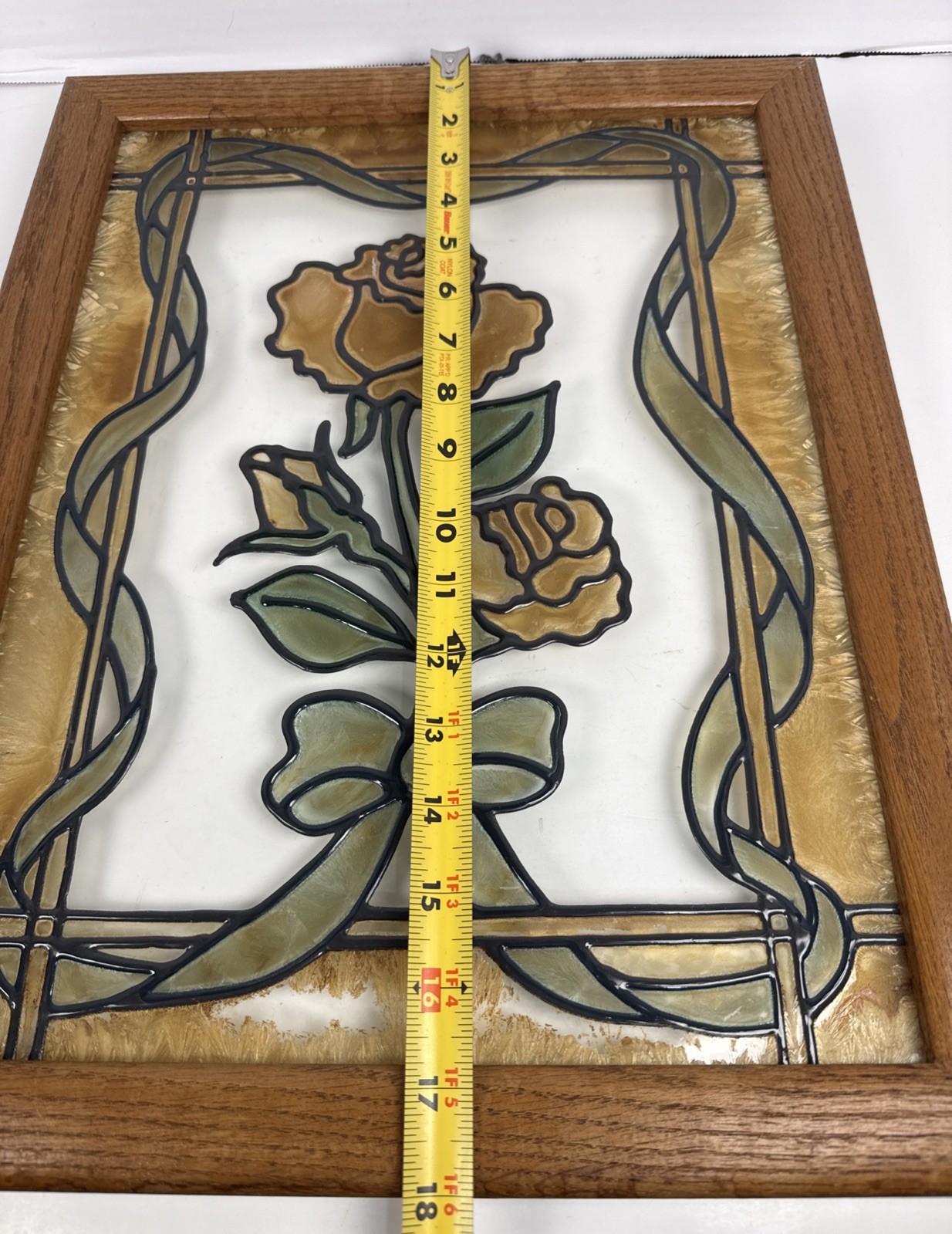 VTG Stained Glass Window Panel Hand painted Rose Flower Sun Catcher Wood 18×14
