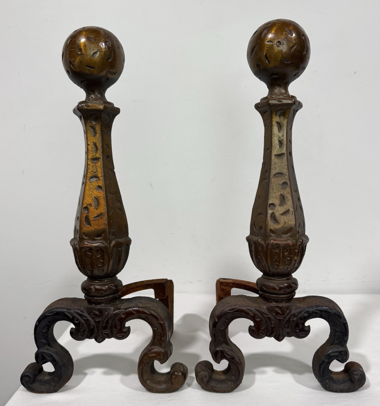 Pair Of Vintage Hammered Brass Coated Cannonball Style Fireplace Andirons