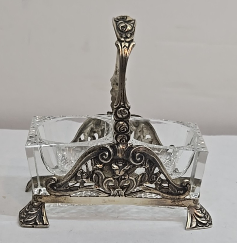 ANTIQUE GERMAN 800 SILVER & CRYSTAL DOUBLE SALT CELLAR BASKET , LATE 19th C