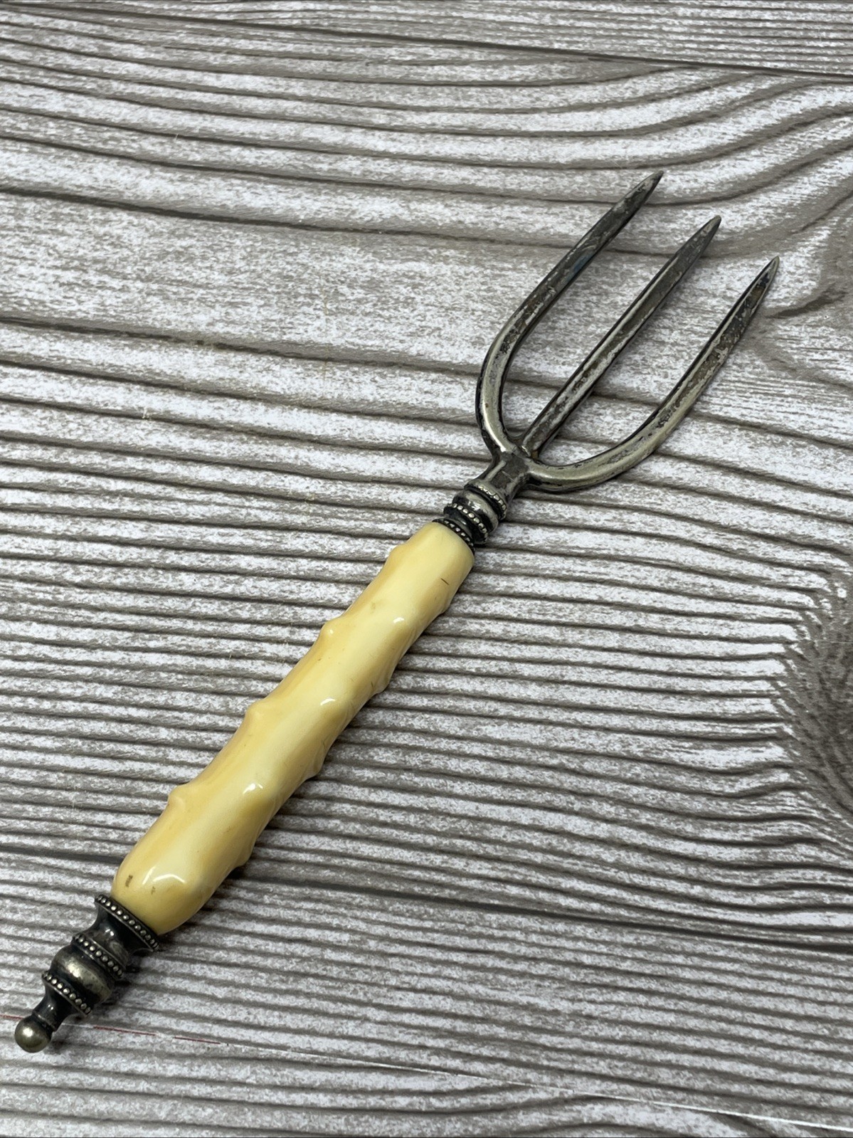 Vintage Victorian Silver Plate Serving Fork w/Faux Bone Handle 6.5”