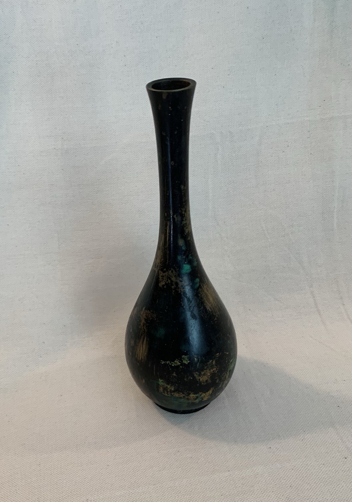 Vintage Japanese Patinated Bronze Bud Vase W/Dark Finish & Green Mottled Patina