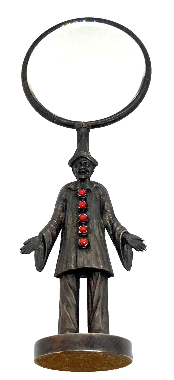 OLD SILVER ANTIQUE/VINTAGE SMALL VANITY TRAVEL MIRROR CLOWN PIERROT HANDLE, 7 in