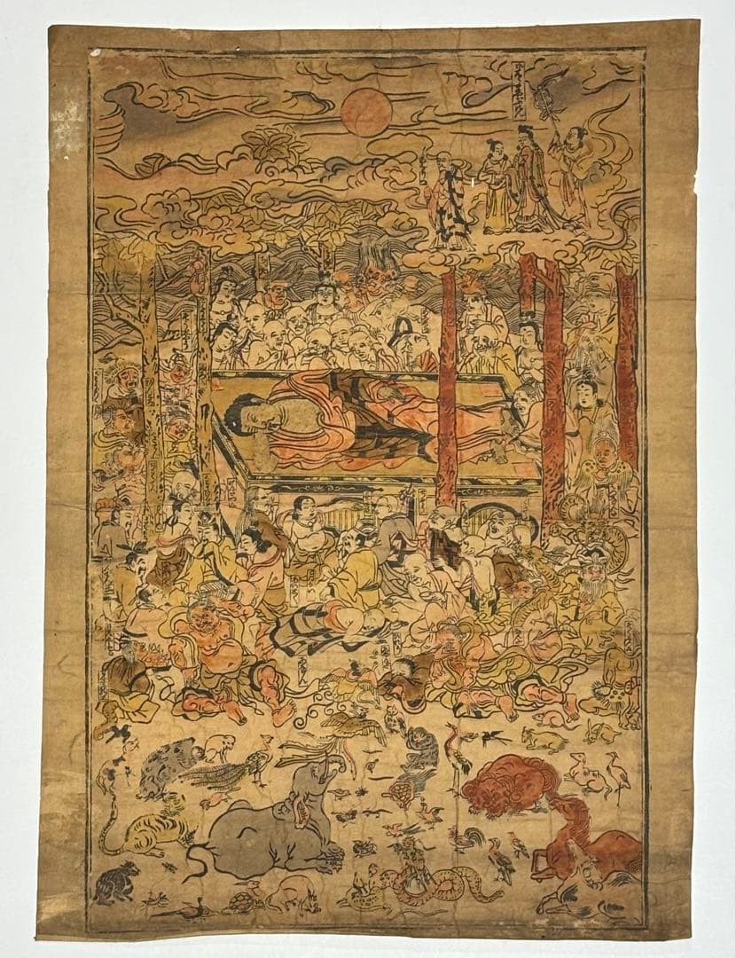 Antique Japanese Buddhist Print Nirvana Edo 18th Century Woodblock Print 17.6 in