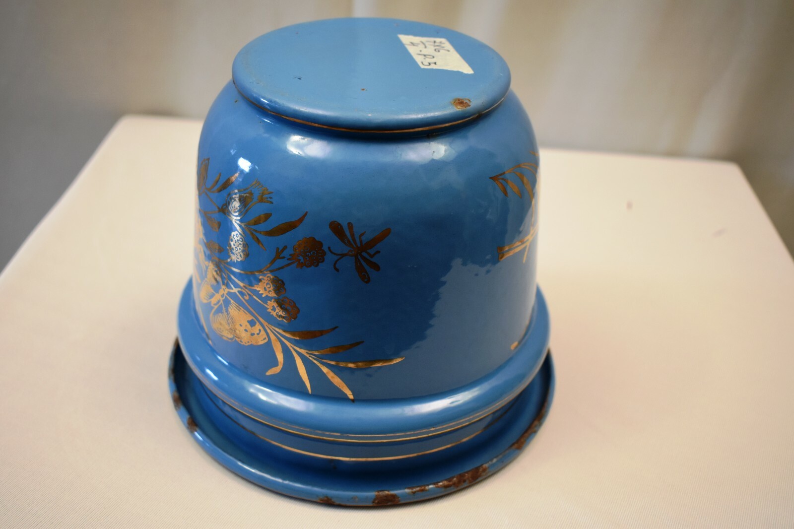 Vintage Czech Enamel Planter Sky Blue Gilt Floral Art Deco Metal Vase Decor “R4