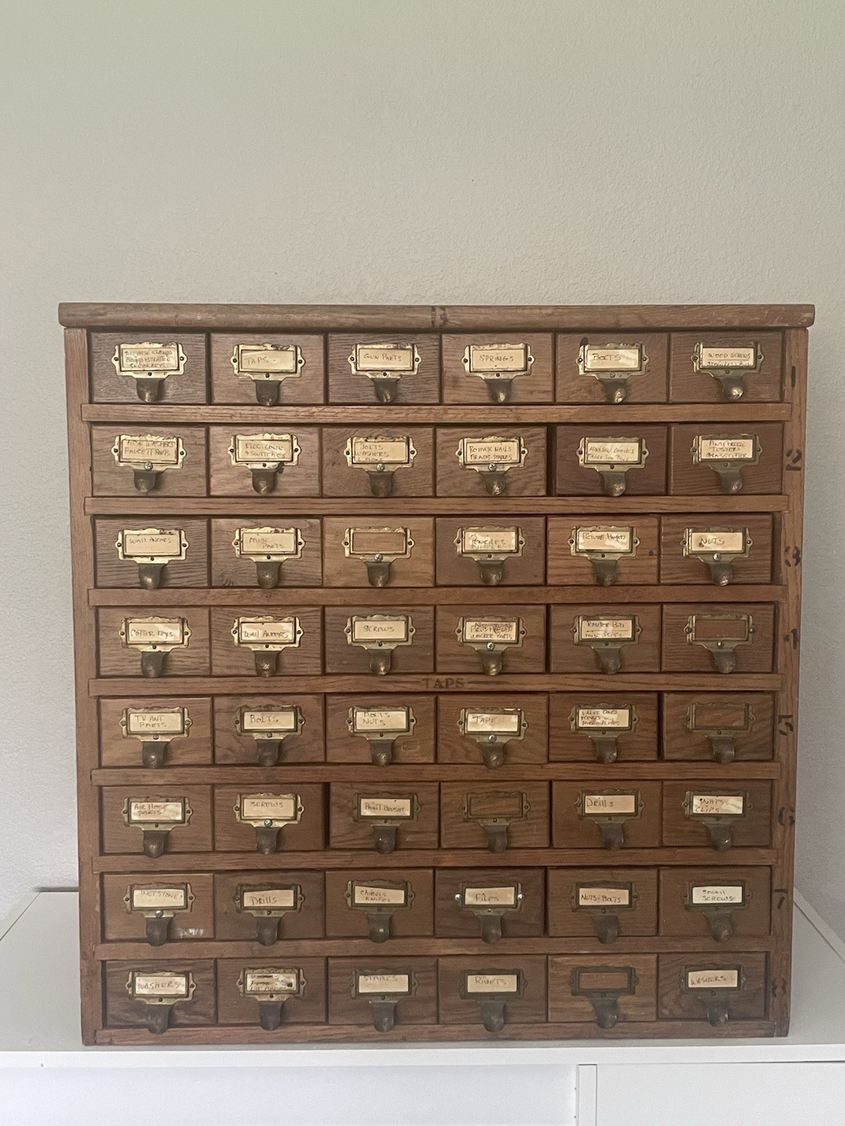 Antique Brown Wooden Multi-Drawer Cabinet with 40 Metal Handles, 1920-1949