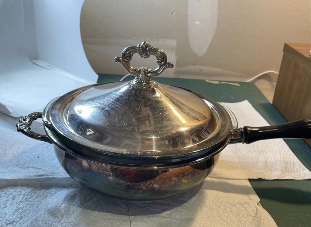 Vintage English Silver Dish with Lid And Glass Dish Corp By Leonard Silver