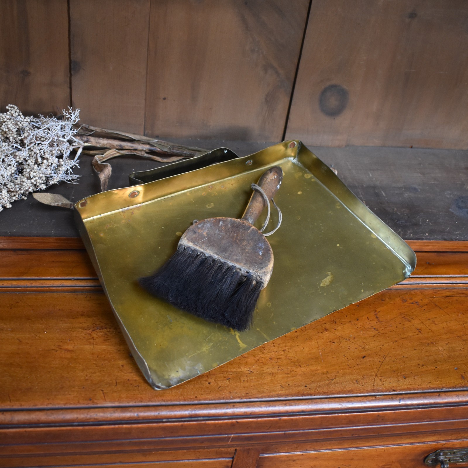 Antique Handmade Brass Dustpan And NWPC Stamped Housekeepers Rustic Hand Brush