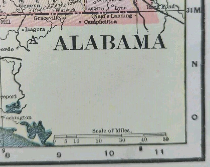 Vintage 1901 ALABAMA Map 11″x14″ Old Antique Original BIRMINGHAM TUSCALOOSA AL