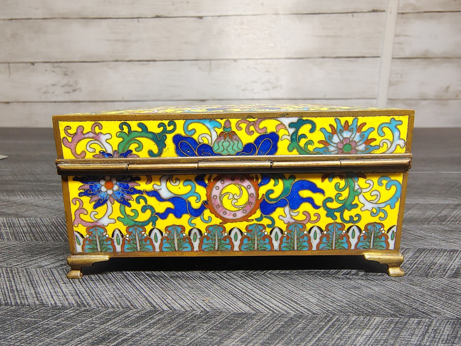 Antique Chinese Republic Yellow Canton Enamel Hinged Brass Trinket Jewelry Box