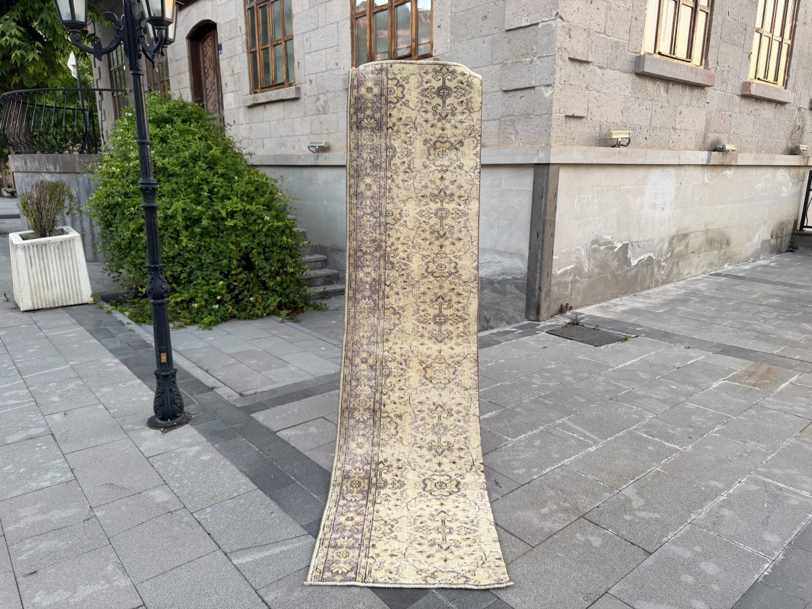 Vintage Oushak Runner Rug 2.3×9.1 ft Beige Turkish Hallway Carpet