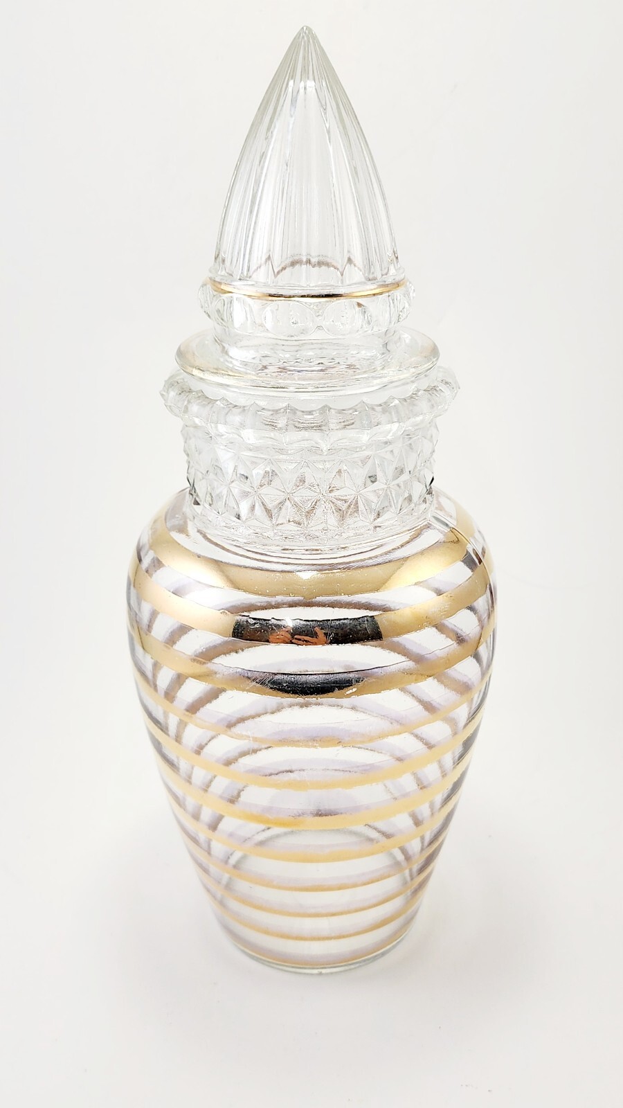 Vintage Apothecary Glass Candy Jar with Gold Bands Stripes & Lid Store Display