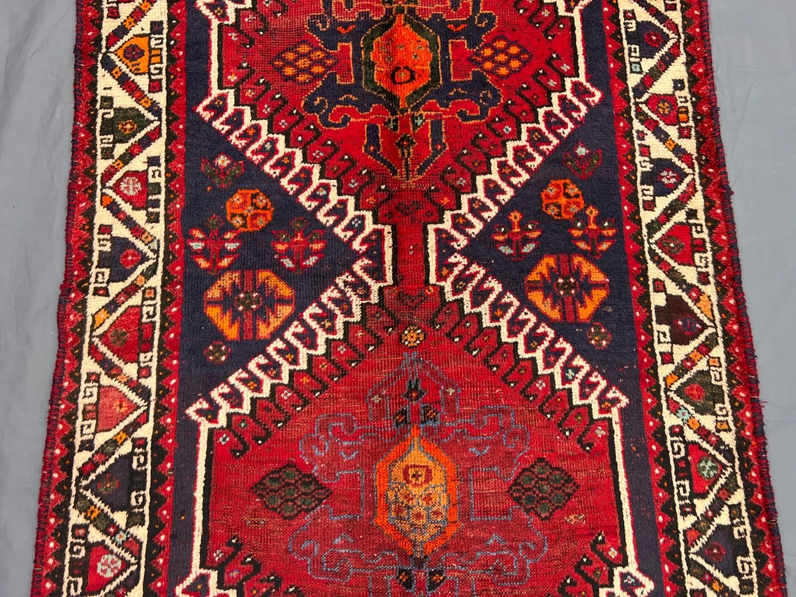 3’8×5’5 ft Vintage Afghan Baluchi Red & Navy Geometric Diamond Design Area Rug