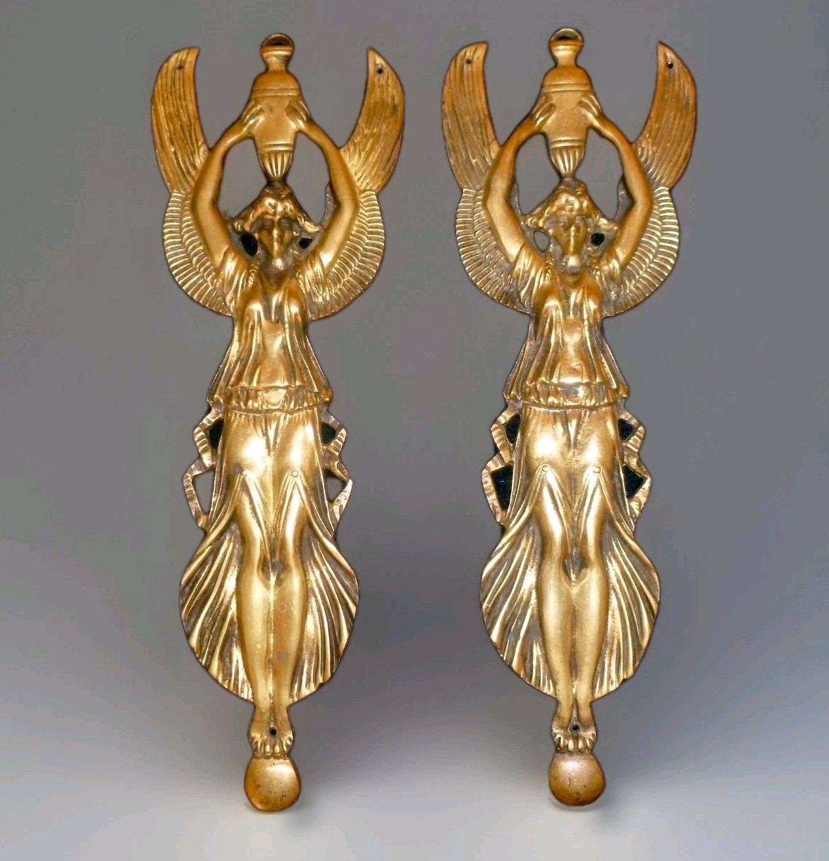TWO FRENCH ANTIQUE BRASS/ BRONZE PEDIMENTS MOUNTS DECORATIONS WINGED CARYATIDS