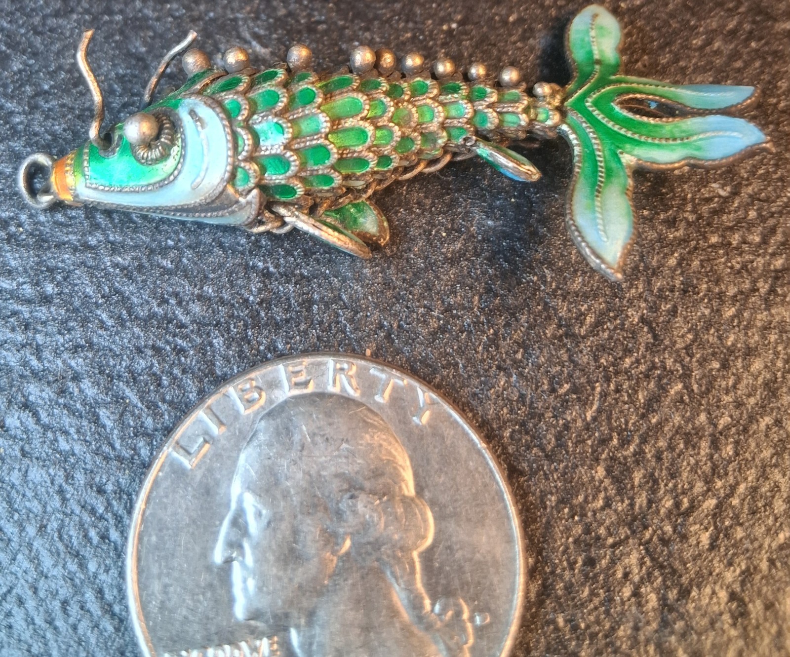 Vintage Articulated Chinese Silver Koi Fish Cloisonne Enamel Pendant 2″ Antique