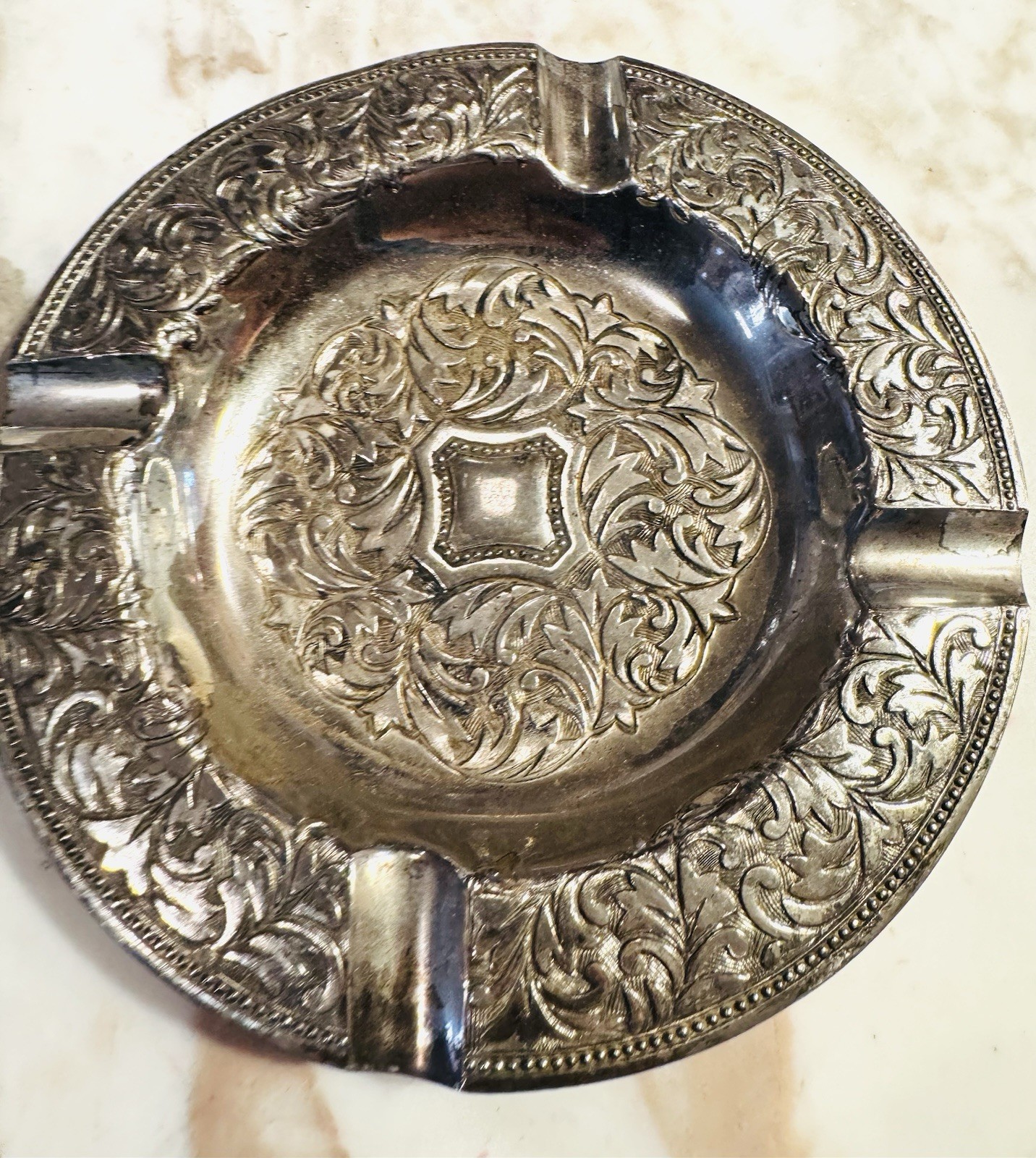 Repoussé Silver Plate Ashtray Dutch Style 5.5” Vintage 1930’s
