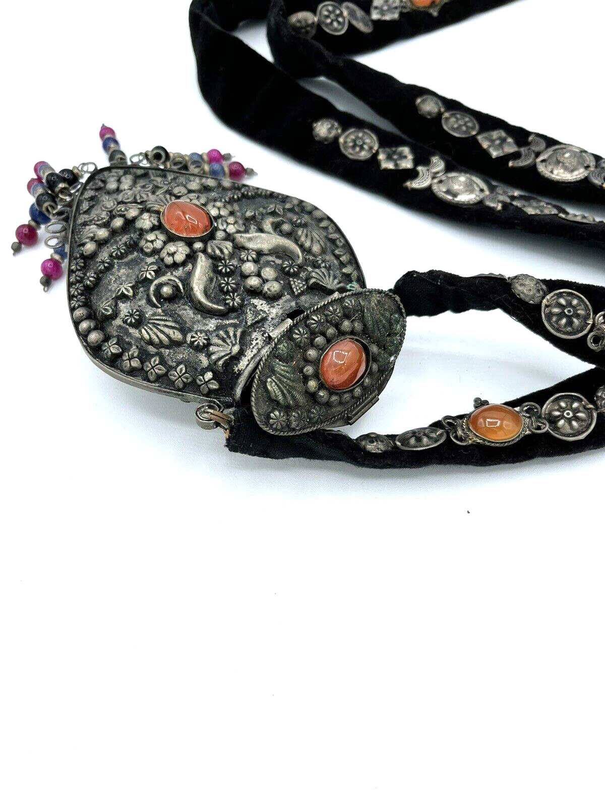 Antique Tibetan Silver & Gem Flint or Tinder Pouch with Embellished Strap