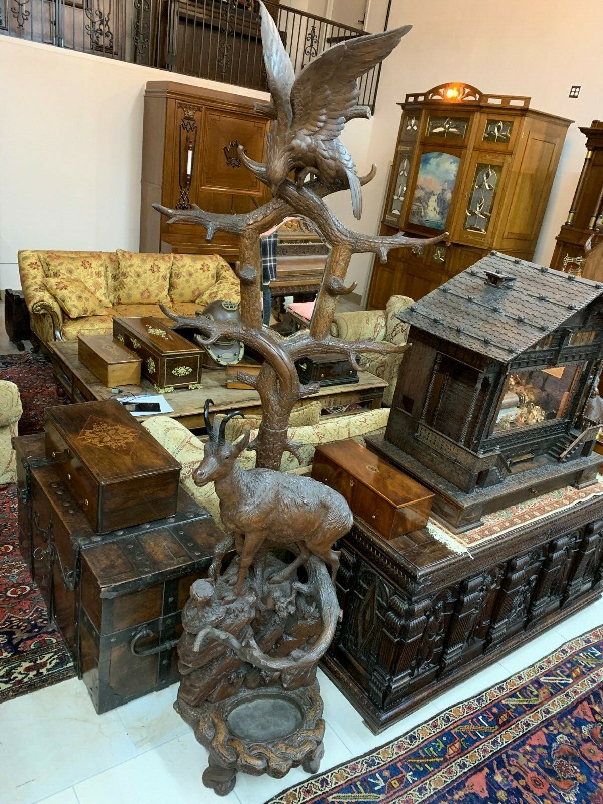 Black Forest Antique Hand Carved Chamois and Bird Hall Stand 19th Century