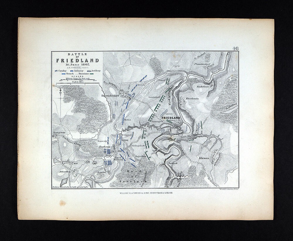 1855 Johnston Military Map Napoleon Battle of Friedland 1807 Prussia Germany