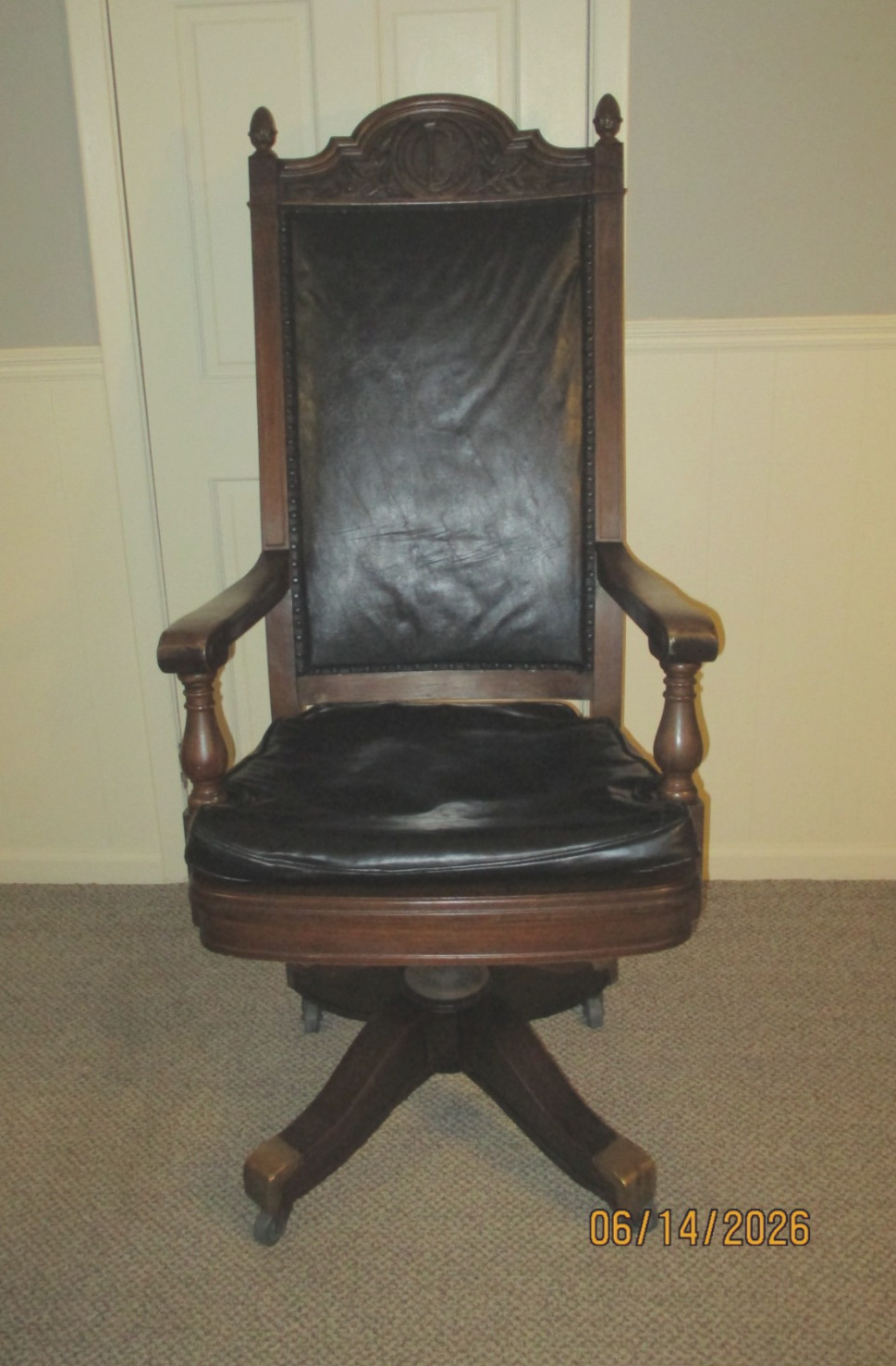 Antique 1927 Lake County, In. JUDGE COURT CHAIR High-Back, Swivel, Carved EUC