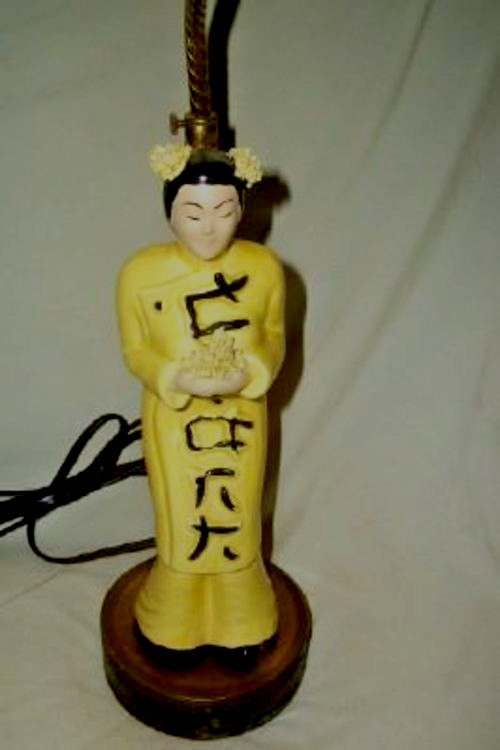Vintage Adjustable Harp Bronze Lamp Asian Lady Yona California Pottery 1920s
