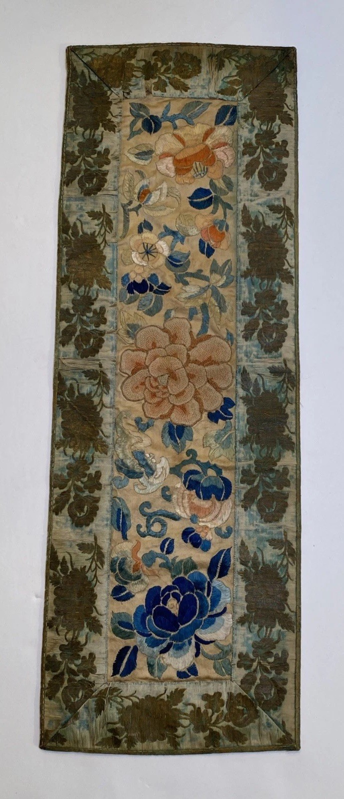 Vtg Chinese Embroidered Sleeve Band Textile Panel Forbidden Stitch Gold Border