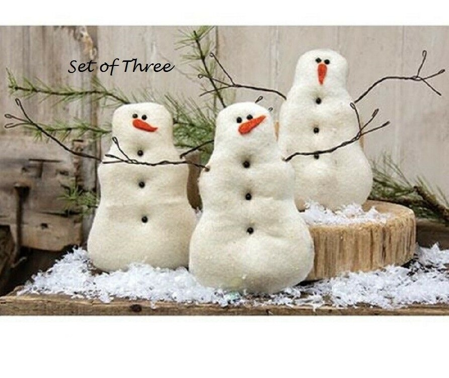 NEW PRIMITIVE SNOWMAN DOLLS 3pcs Christmas 7.25″Wx5.5″T Tea Stained Winter Craft