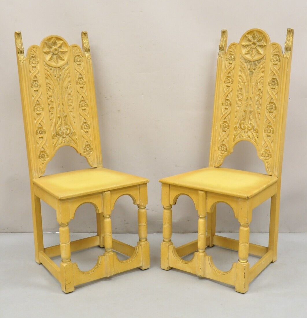 Gothic Renaissance Revival Painted Hall Altar Console Table Chair Set – 4 Pc Set