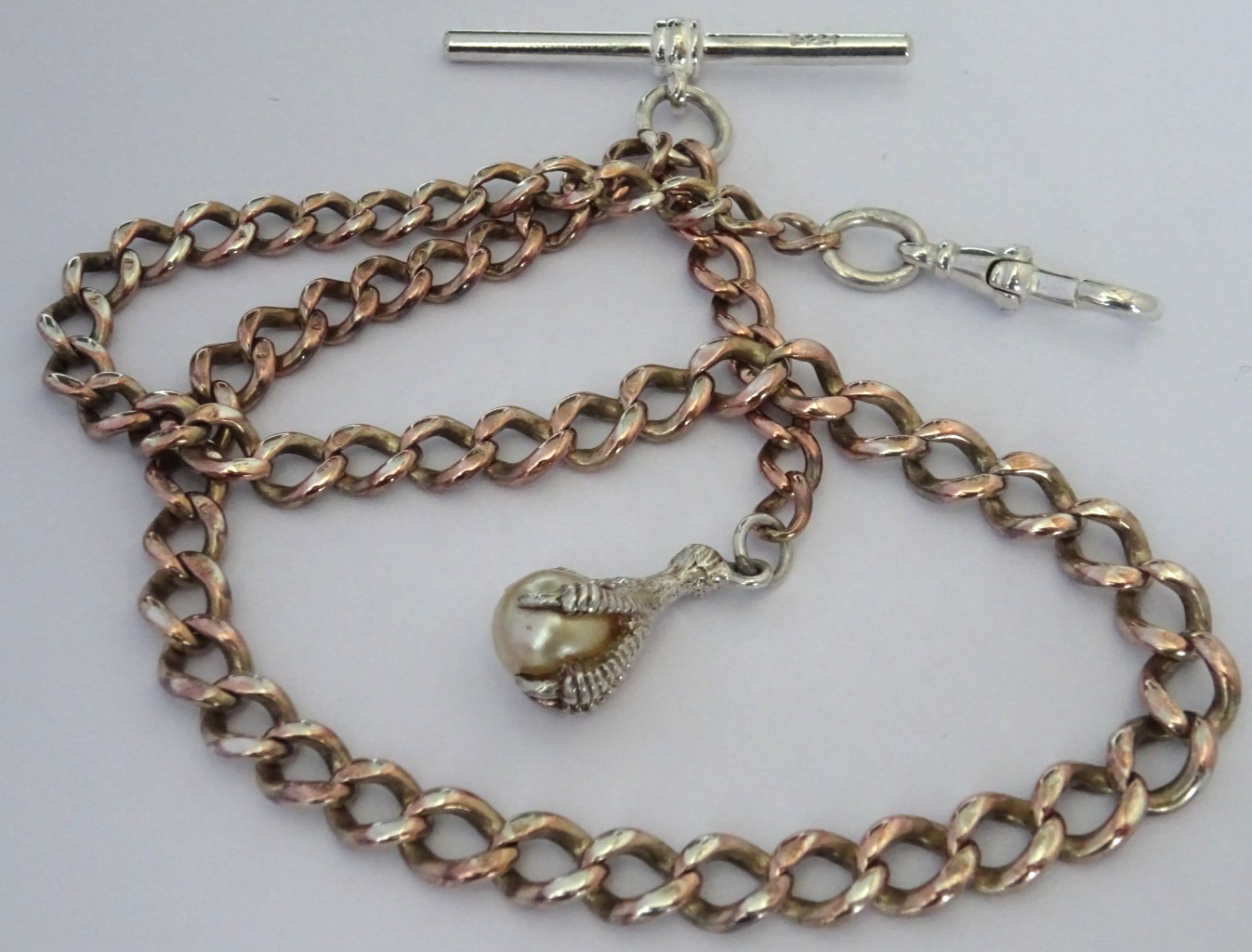 Antique gold on solid silver pocket watch albert chain w ‘pearl’ claw & ball fob