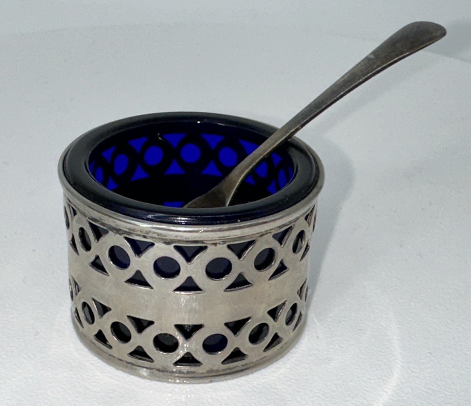 Antique Silver Plate & Cobalt Blue Glass Salt Cellar with Spoon E.P.N.S. England
