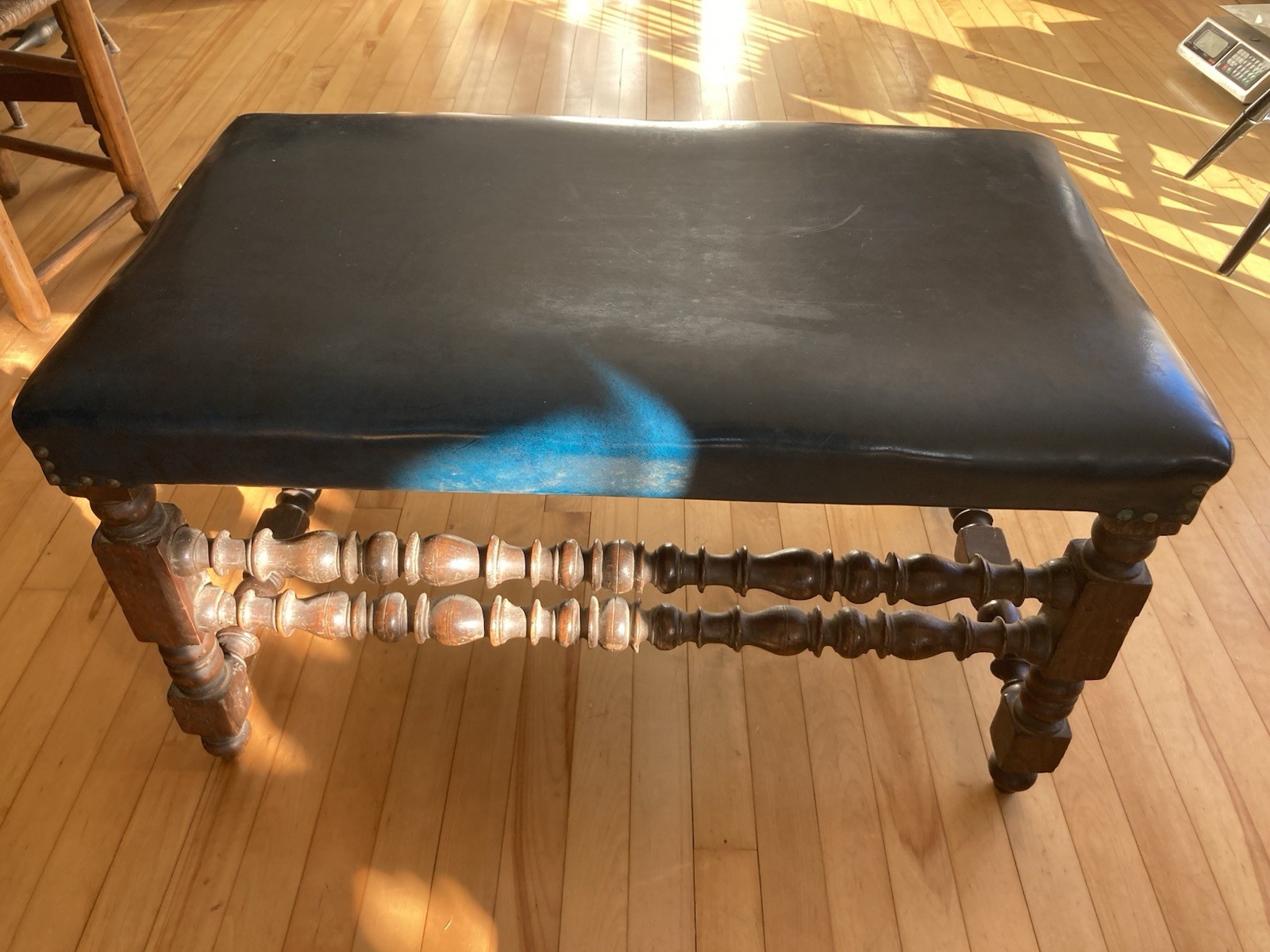 Antique 1700s Blue Leather Top Wooden stool Fancy leg turnings peg Construction